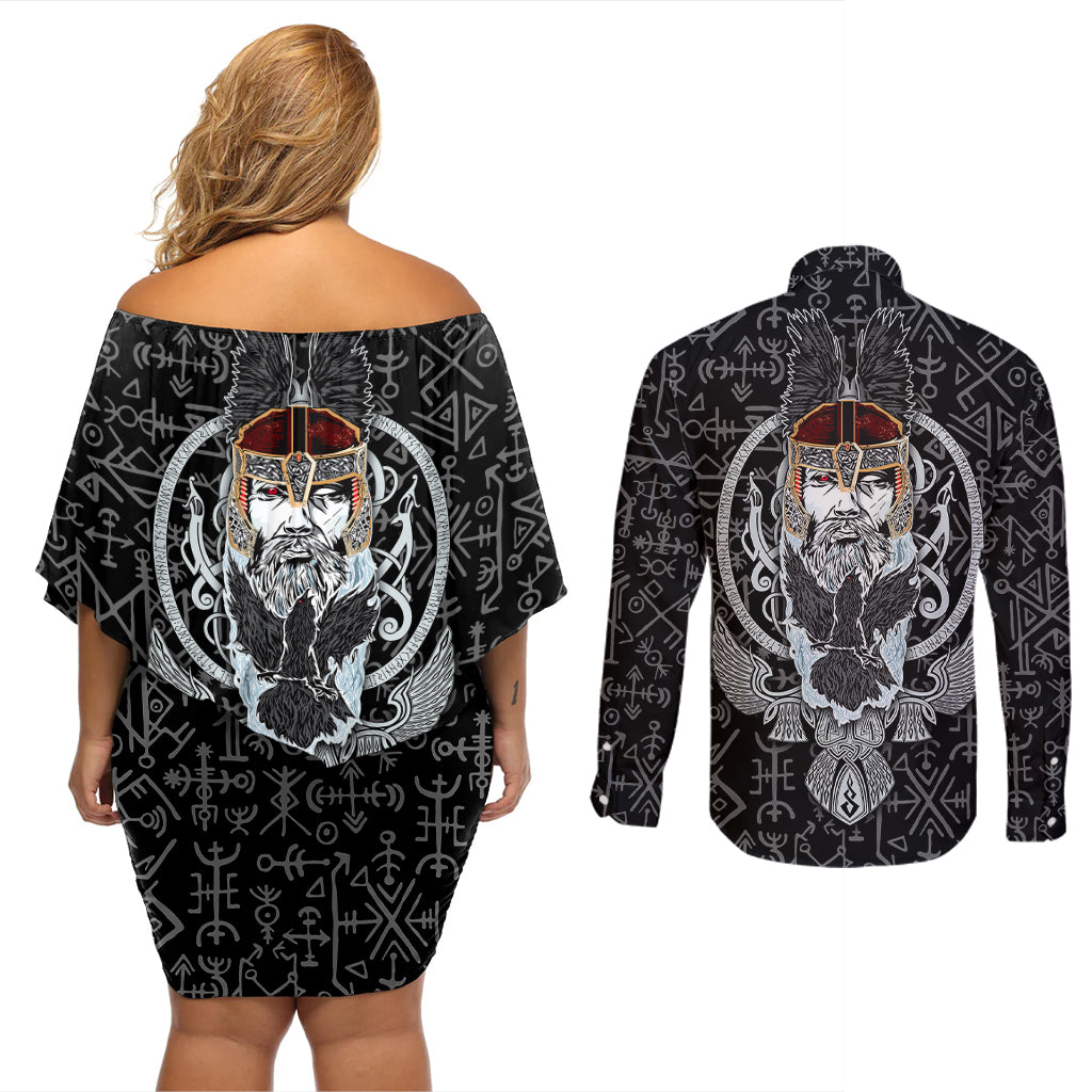 Viking Odin Couples Matching Off Shoulder Short Dress and Long Sleeve Button Shirts The All-Father God in Norse Mythology with Runes Pattern - Wonder Print Shop