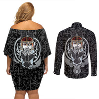 Viking Odin Couples Matching Off Shoulder Short Dress and Long Sleeve Button Shirts The All-Father God in Norse Mythology with Runes Pattern - Wonder Print Shop