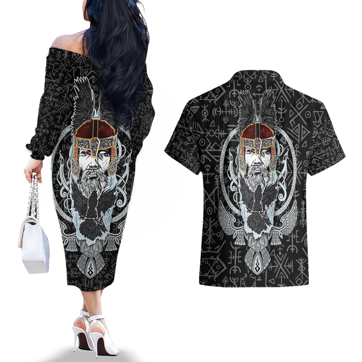 Viking Odin Couples Matching Off The Shoulder Long Sleeve Dress and Hawaiian Shirt The All-Father God in Norse Mythology with Runes Pattern - Wonder Print Shop