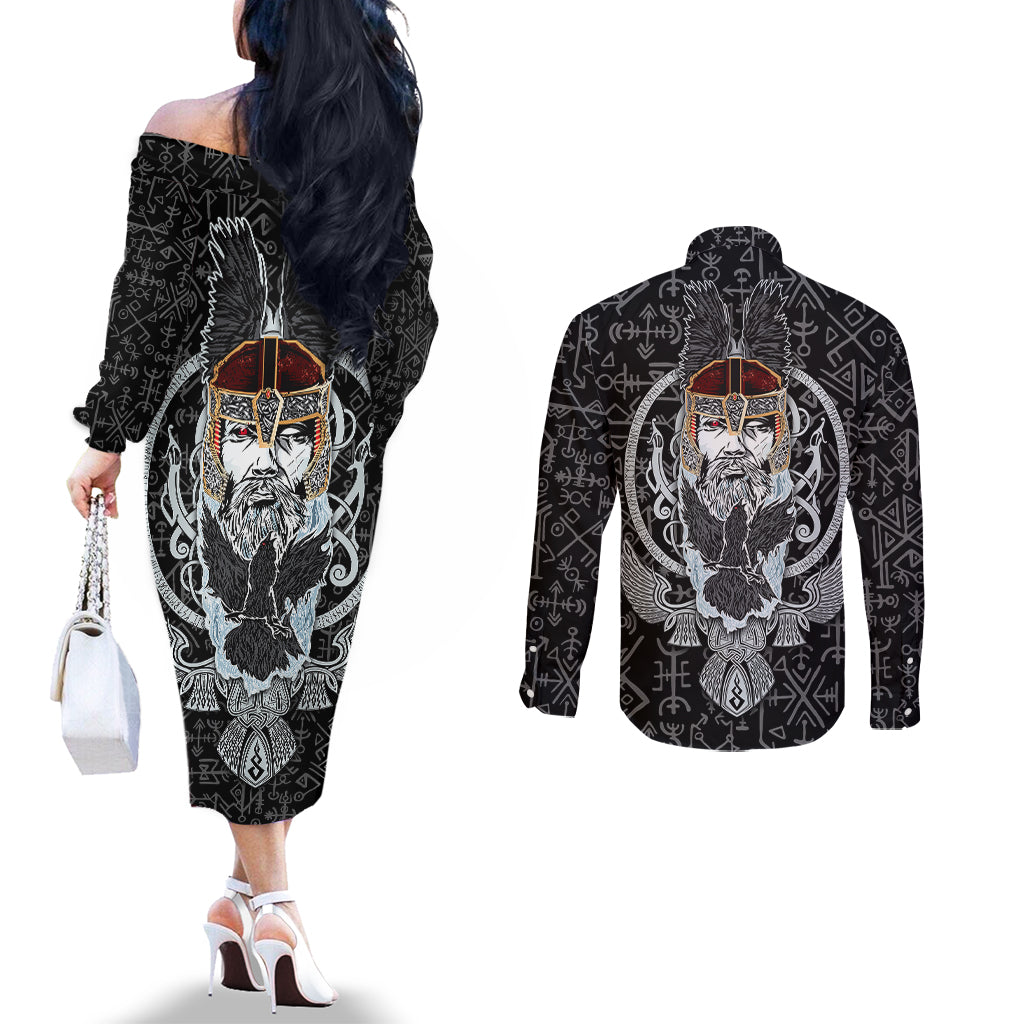 viking-odin-couples-matching-off-the-shoulder-long-sleeve-dress-and-long-sleeve-button-shirts-the-all-father-god-in-norse-mythology-with-runes-pattern
