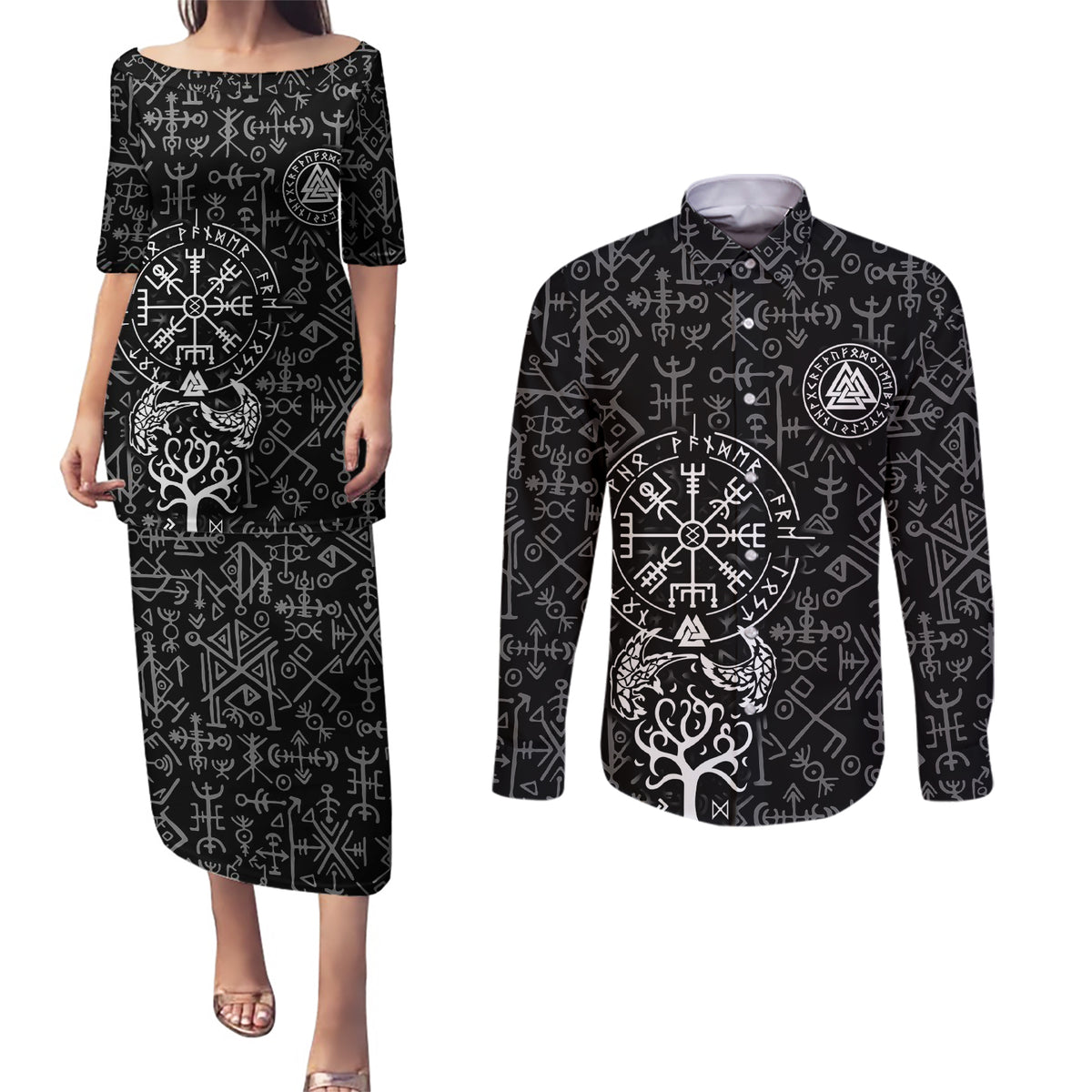 Viking Odin Couples Matching Puletasi Dress and Long Sleeve Button Shirts The All-Father God in Norse Mythology with Runes Pattern - Wonder Print Shop