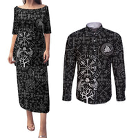 Viking Odin Couples Matching Puletasi Dress and Long Sleeve Button Shirts The All-Father God in Norse Mythology with Runes Pattern - Wonder Print Shop