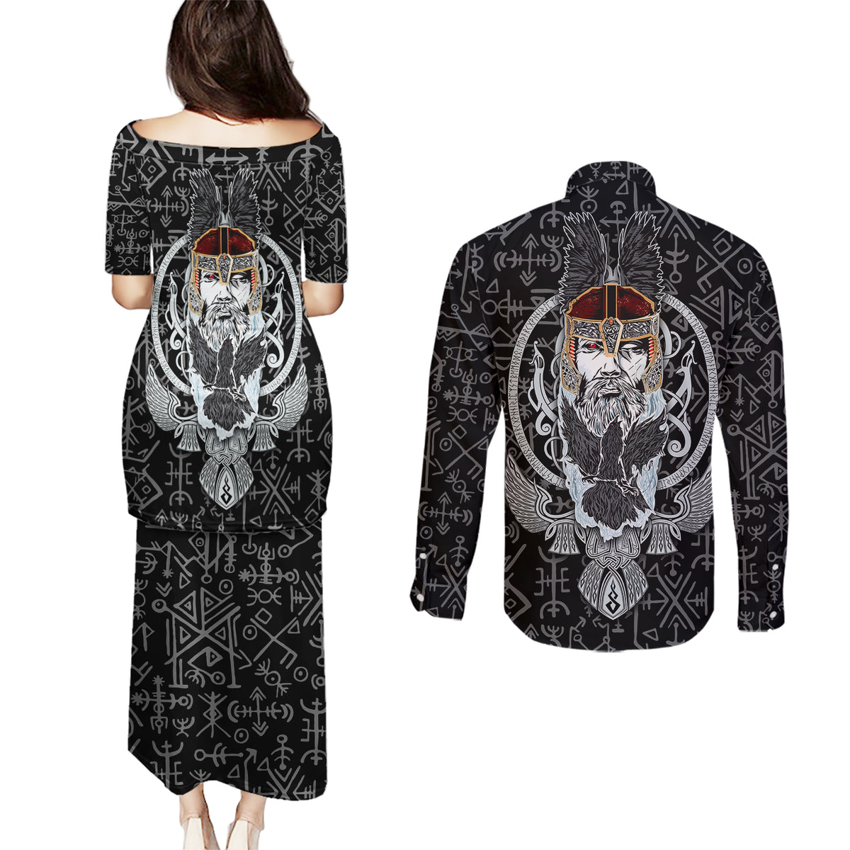 Viking Odin Couples Matching Puletasi Dress and Long Sleeve Button Shirts The All-Father God in Norse Mythology with Runes Pattern - Wonder Print Shop