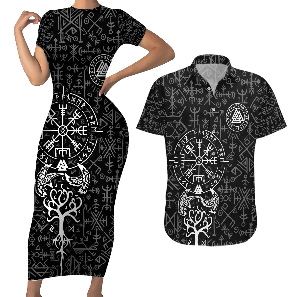 Viking Odin Couples Matching Short Sleeve Bodycon Dress and Hawaiian Shirt The All-Father God in Norse Mythology with Runes Pattern - Wonder Print Shop