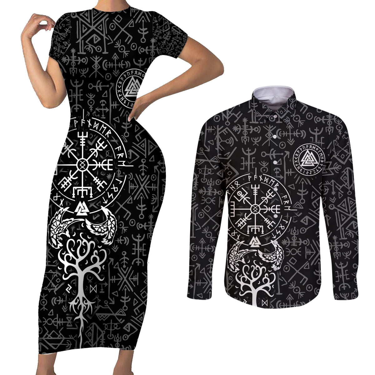 Viking Odin Couples Matching Short Sleeve Bodycon Dress and Long Sleeve Button Shirts The All-Father God in Norse Mythology with Runes Pattern - Wonder Print Shop