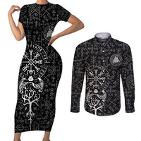 Viking Odin Couples Matching Short Sleeve Bodycon Dress and Long Sleeve Button Shirts The All-Father God in Norse Mythology with Runes Pattern - Wonder Print Shop