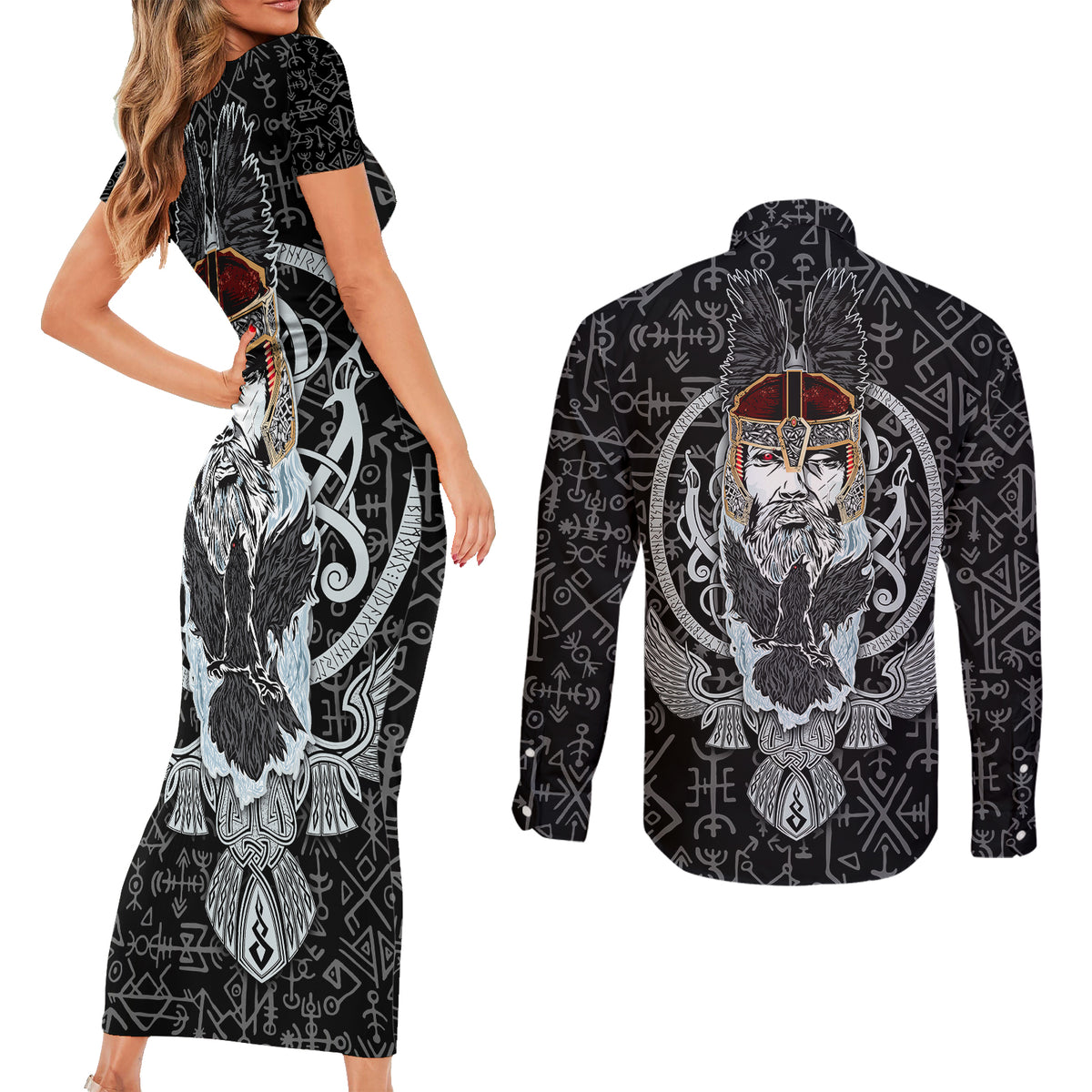 Viking Odin Couples Matching Short Sleeve Bodycon Dress and Long Sleeve Button Shirts The All-Father God in Norse Mythology with Runes Pattern - Wonder Print Shop
