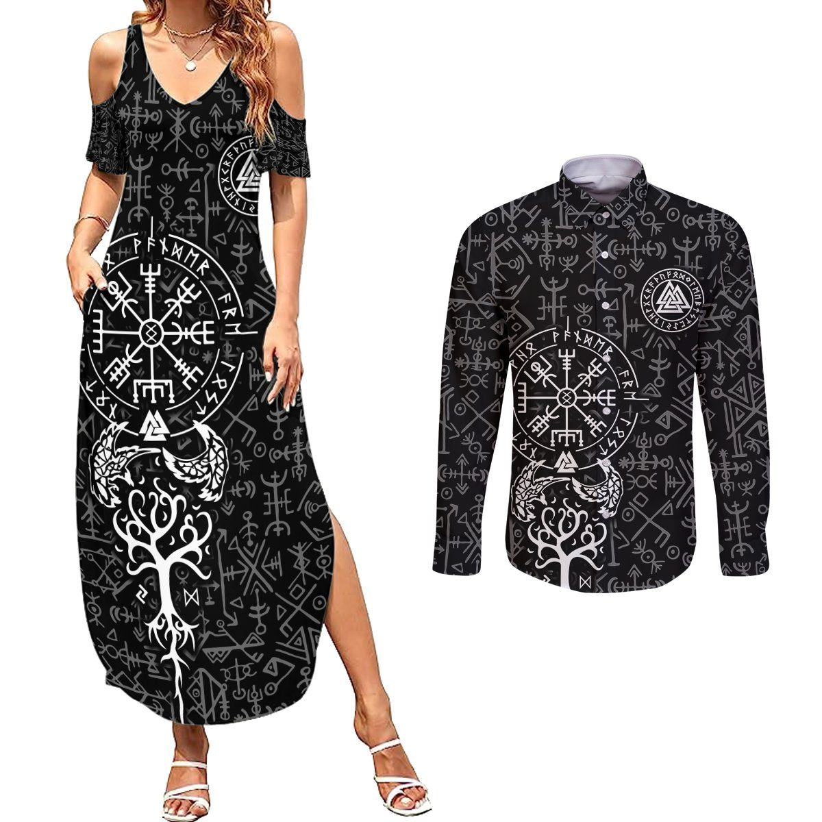 Viking Odin Couples Matching Summer Maxi Dress and Long Sleeve Button Shirts The All-Father God in Norse Mythology with Runes Pattern - Wonder Print Shop