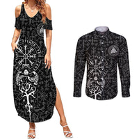 Viking Odin Couples Matching Summer Maxi Dress and Long Sleeve Button Shirts The All-Father God in Norse Mythology with Runes Pattern - Wonder Print Shop