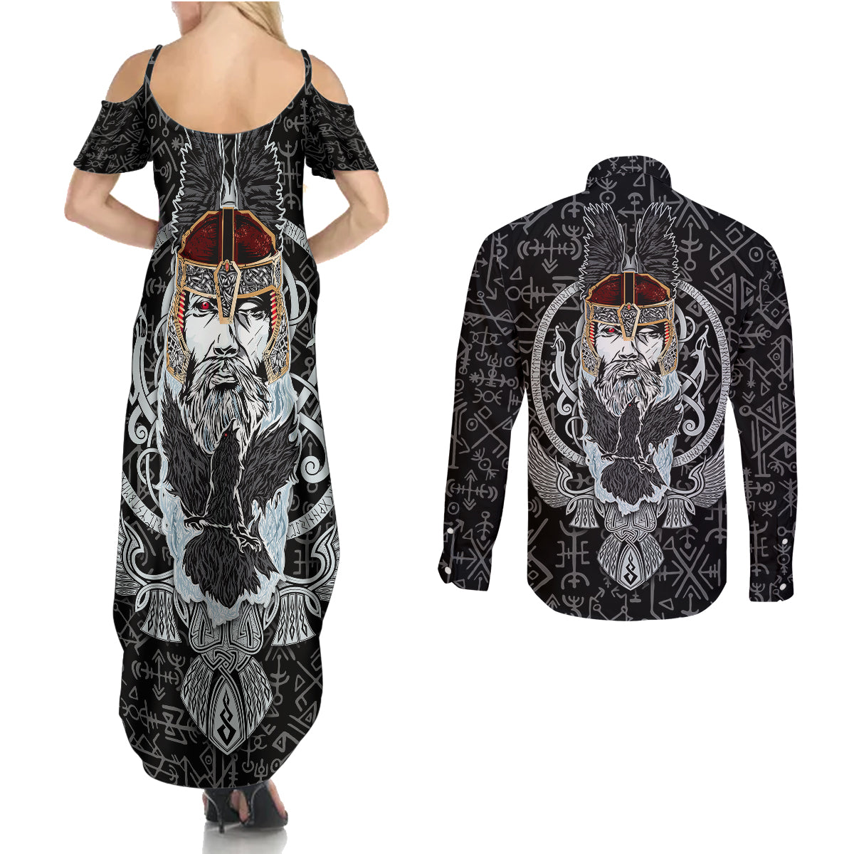 Viking Odin Couples Matching Summer Maxi Dress and Long Sleeve Button Shirts The All-Father God in Norse Mythology with Runes Pattern - Wonder Print Shop