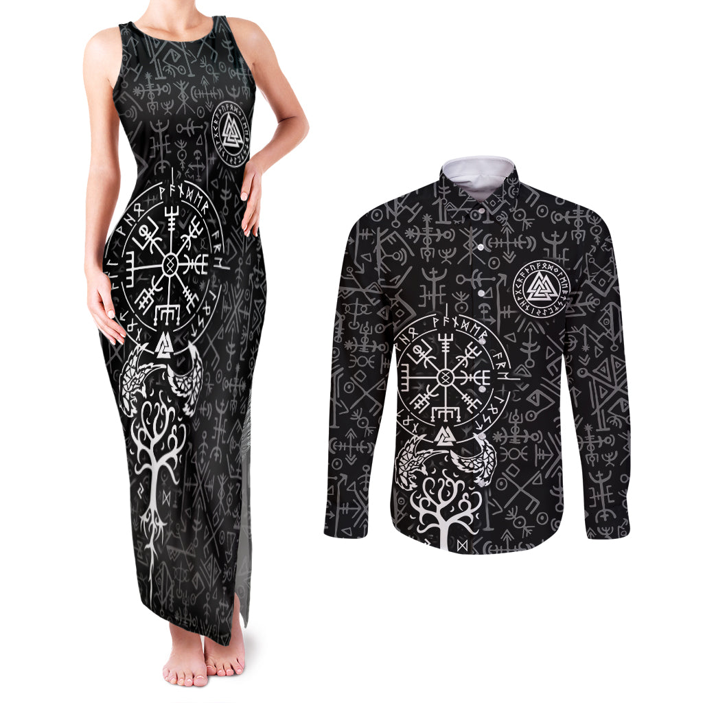 Viking Odin Couples Matching Tank Maxi Dress and Long Sleeve Button Shirts The All-Father God in Norse Mythology with Runes Pattern - Wonder Print Shop