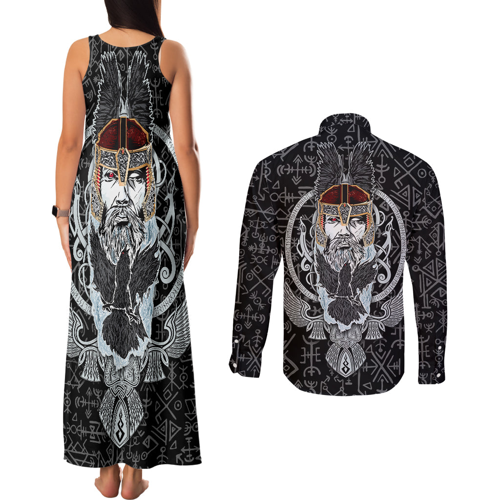 Viking Odin Couples Matching Tank Maxi Dress and Long Sleeve Button Shirts The All-Father God in Norse Mythology with Runes Pattern - Wonder Print Shop