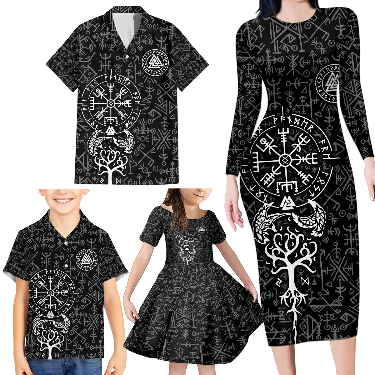 Viking Odin Family Matching Long Sleeve Bodycon Dress and Hawaiian Shirt The All-Father God in Norse Mythology with Runes Pattern - Wonder Print Shop