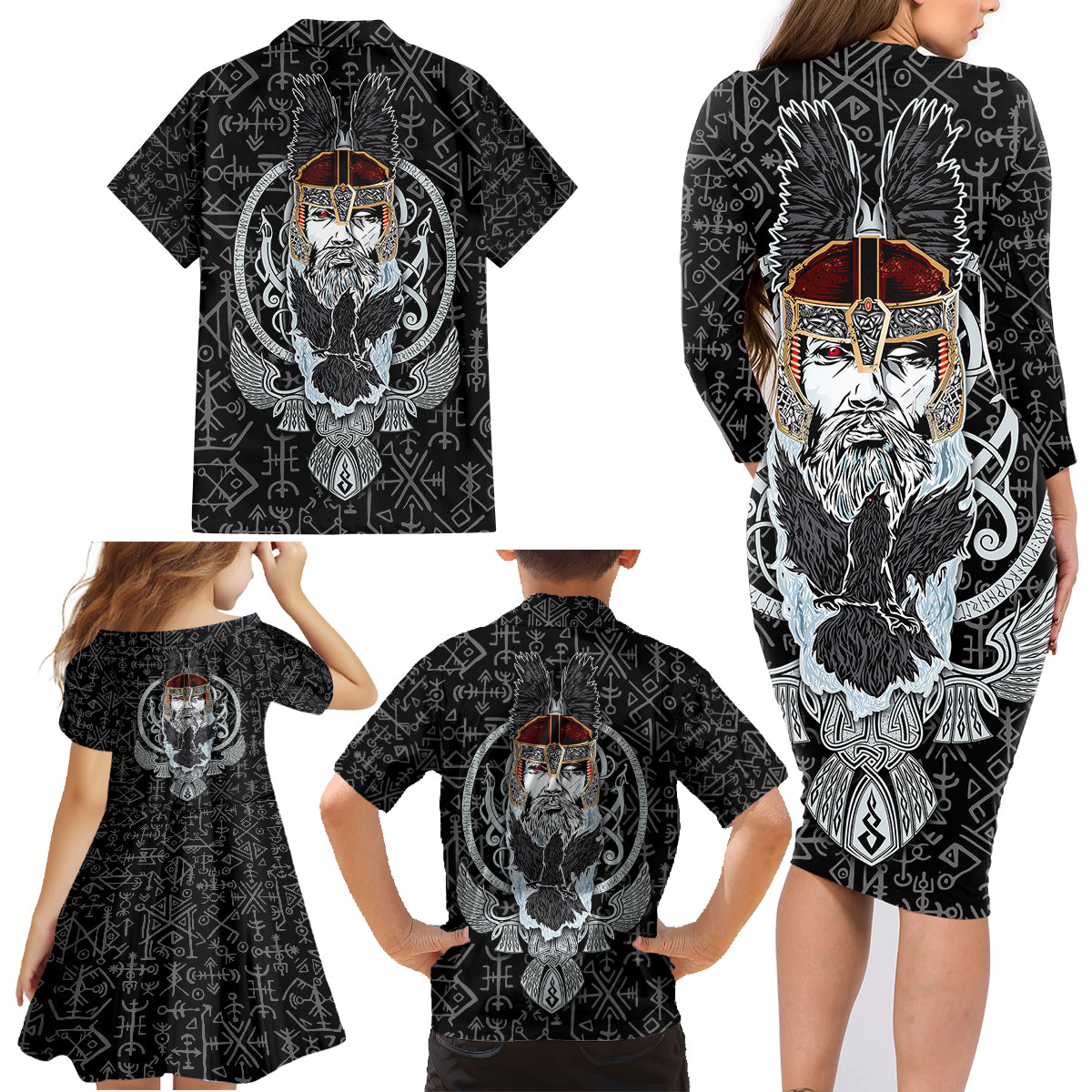 Viking Odin Family Matching Long Sleeve Bodycon Dress and Hawaiian Shirt The All-Father God in Norse Mythology with Runes Pattern - Wonder Print Shop