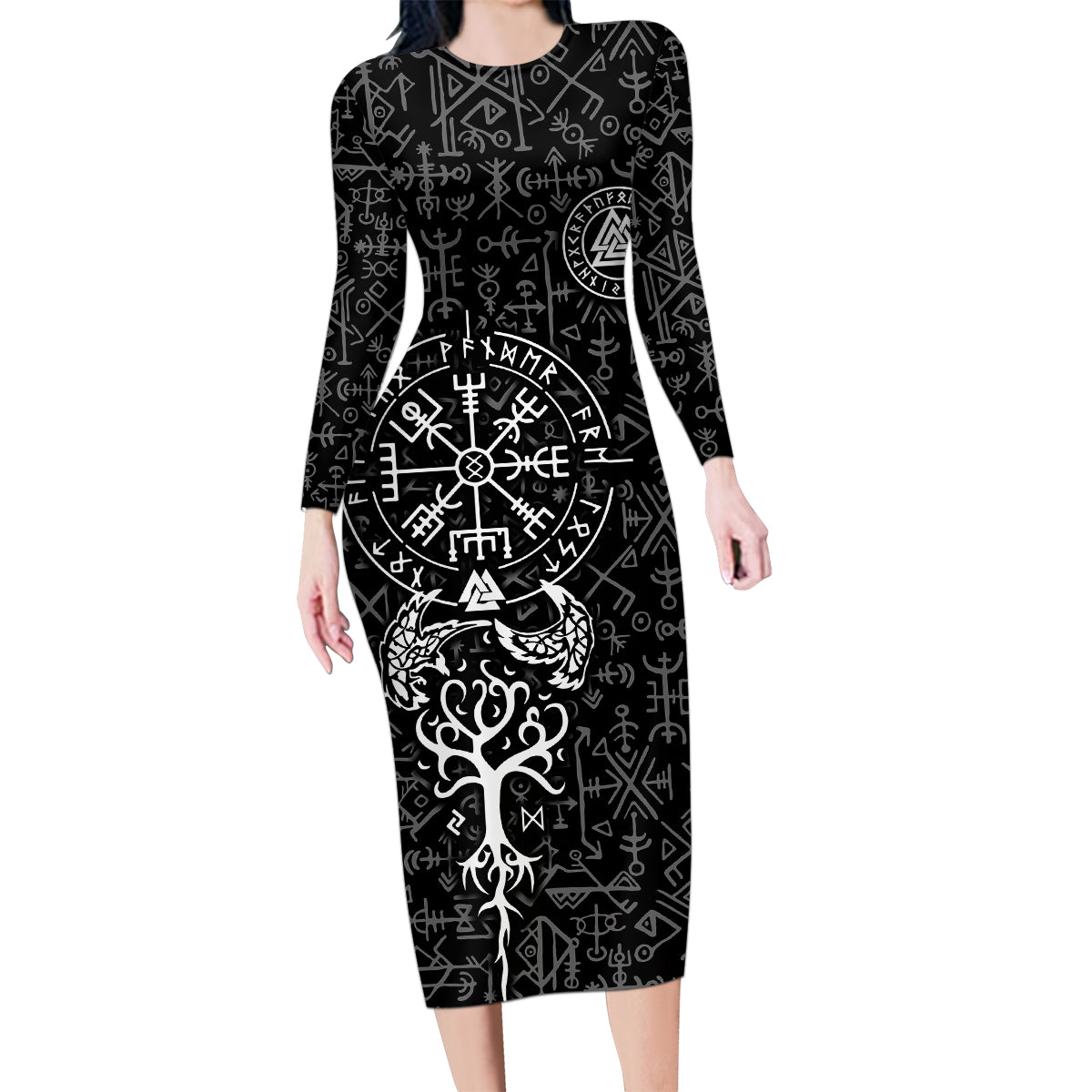 Viking Odin Family Matching Long Sleeve Bodycon Dress and Hawaiian Shirt The All-Father God in Norse Mythology with Runes Pattern - Wonder Print Shop