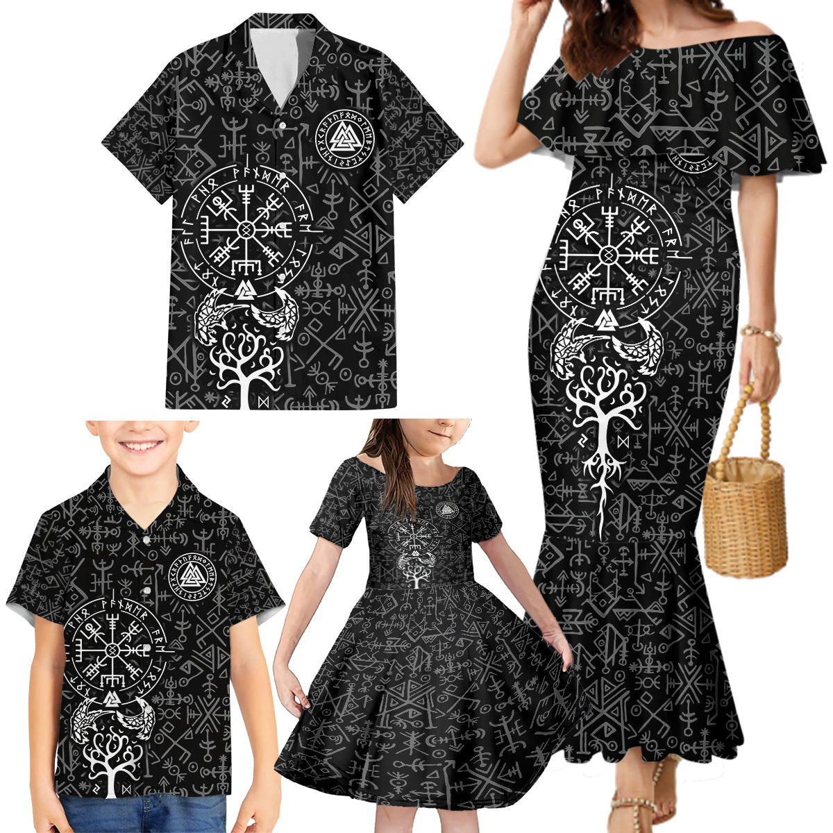 Viking Odin Family Matching Mermaid Dress and Hawaiian Shirt The All-Father God in Norse Mythology with Runes Pattern - Wonder Print Shop
