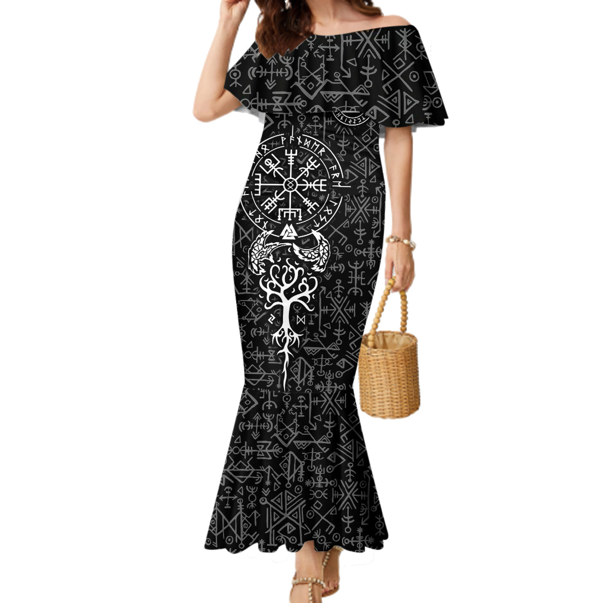 Viking Odin Family Matching Mermaid Dress and Hawaiian Shirt The All-Father God in Norse Mythology with Runes Pattern - Wonder Print Shop