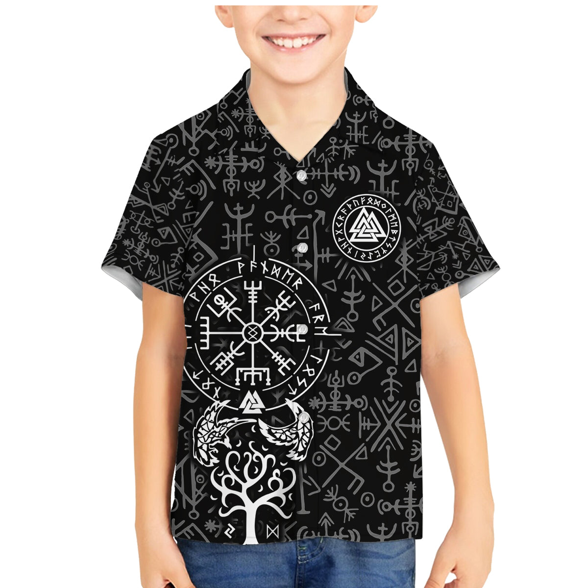 Viking Odin Family Matching Mermaid Dress and Hawaiian Shirt The All-Father God in Norse Mythology with Runes Pattern - Wonder Print Shop