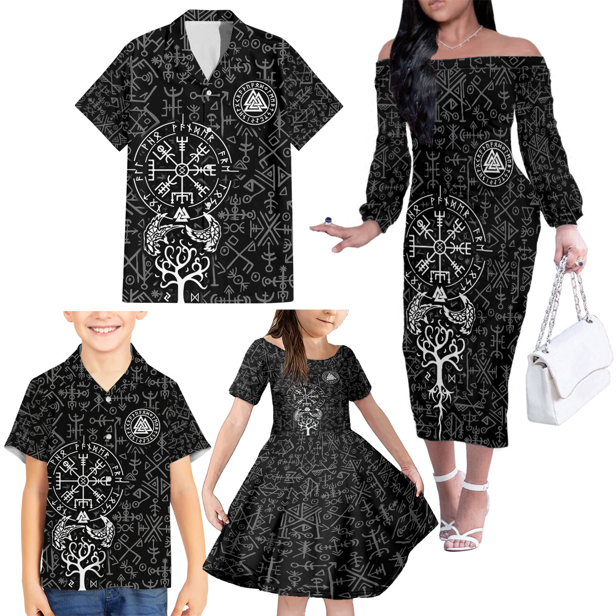 Viking Odin Family Matching Off Shoulder Long Sleeve Dress and Hawaiian Shirt The All-Father God in Norse Mythology with Runes Pattern - Wonder Print Shop