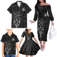 Viking Odin Family Matching Off Shoulder Long Sleeve Dress and Hawaiian Shirt The All-Father God in Norse Mythology with Runes Pattern - Wonder Print Shop