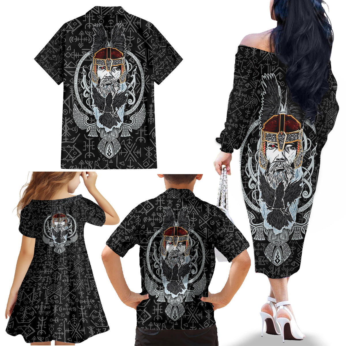 Viking Odin Family Matching Off Shoulder Long Sleeve Dress and Hawaiian Shirt The All-Father God in Norse Mythology with Runes Pattern - Wonder Print Shop