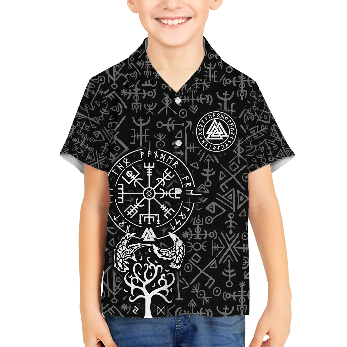 Viking Odin Family Matching Off Shoulder Long Sleeve Dress and Hawaiian Shirt The All-Father God in Norse Mythology with Runes Pattern - Wonder Print Shop