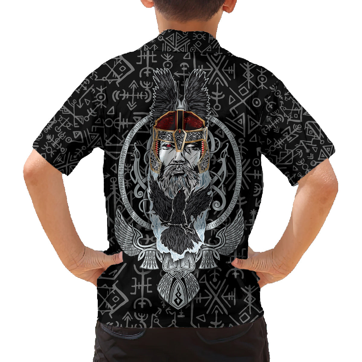Viking Odin Family Matching Off Shoulder Maxi Dress and Hawaiian Shirt The All-Father God in Norse Mythology with Runes Pattern - Wonder Print Shop