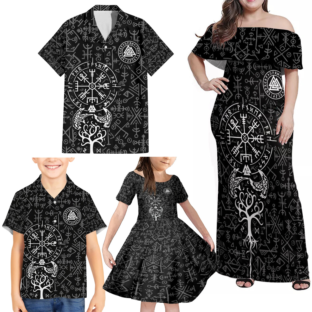 Viking Odin Family Matching Off Shoulder Maxi Dress and Hawaiian Shirt The All-Father God in Norse Mythology with Runes Pattern - Wonder Print Shop