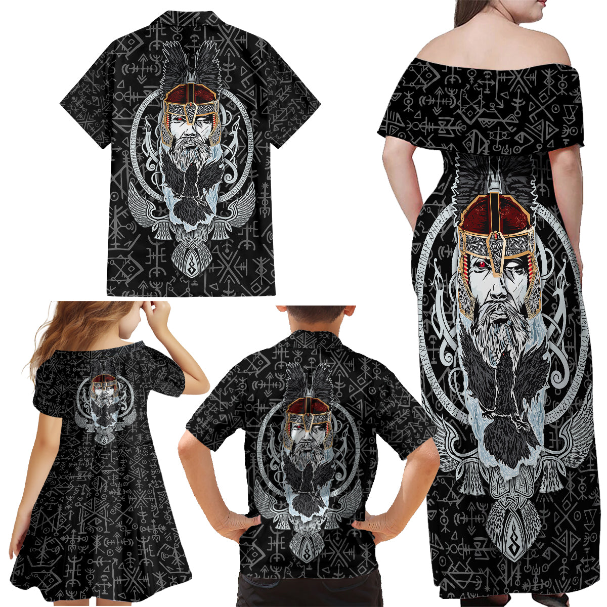 Viking Odin Family Matching Off Shoulder Maxi Dress and Hawaiian Shirt The All-Father God in Norse Mythology with Runes Pattern - Wonder Print Shop