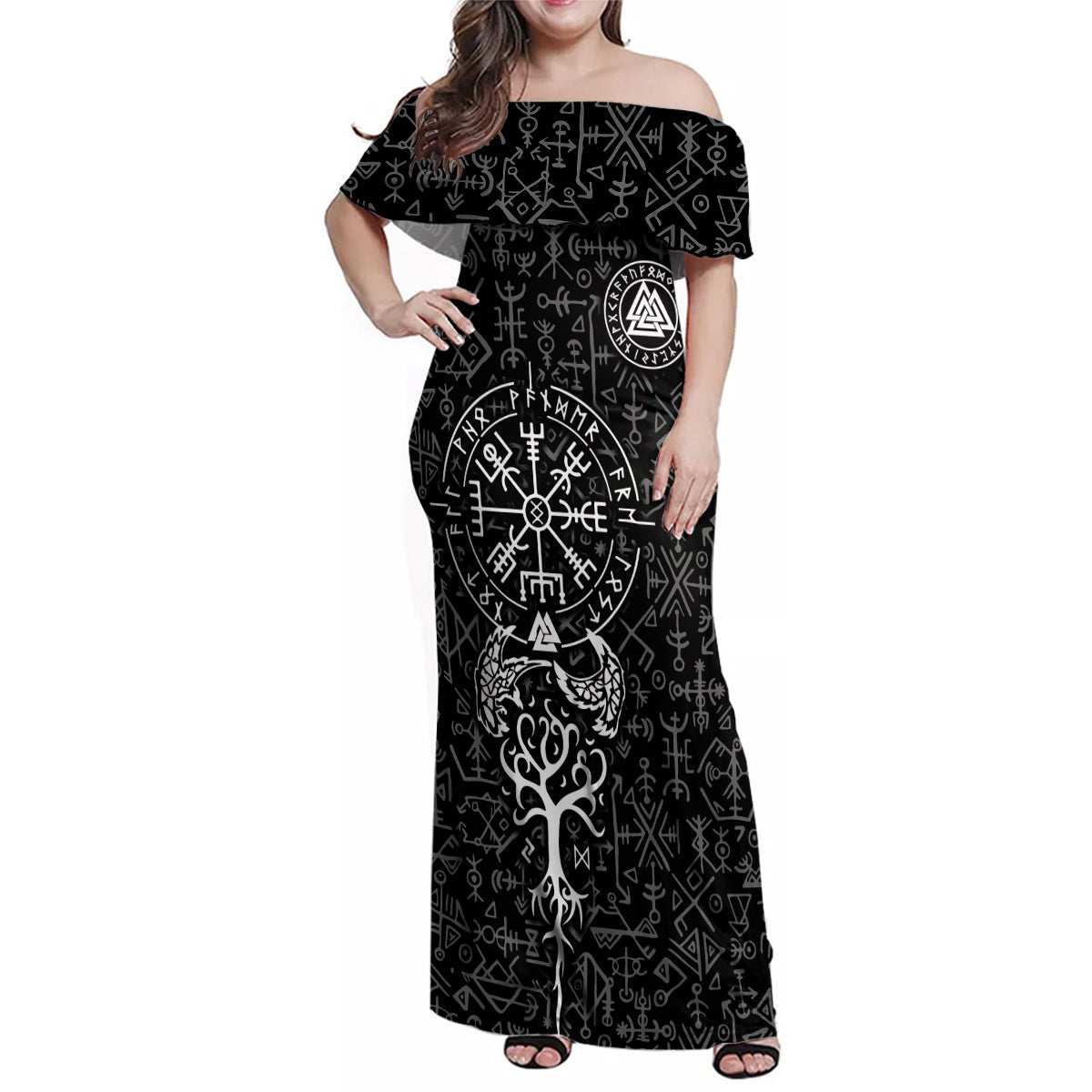 Viking Odin Family Matching Off Shoulder Maxi Dress and Hawaiian Shirt The All-Father God in Norse Mythology with Runes Pattern - Wonder Print Shop