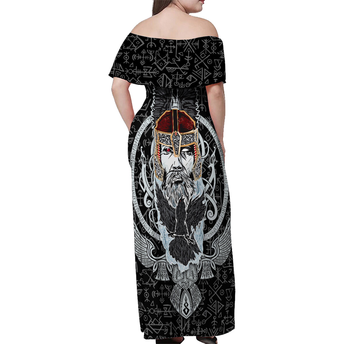 Viking Odin Family Matching Off Shoulder Maxi Dress and Hawaiian Shirt The All-Father God in Norse Mythology with Runes Pattern - Wonder Print Shop