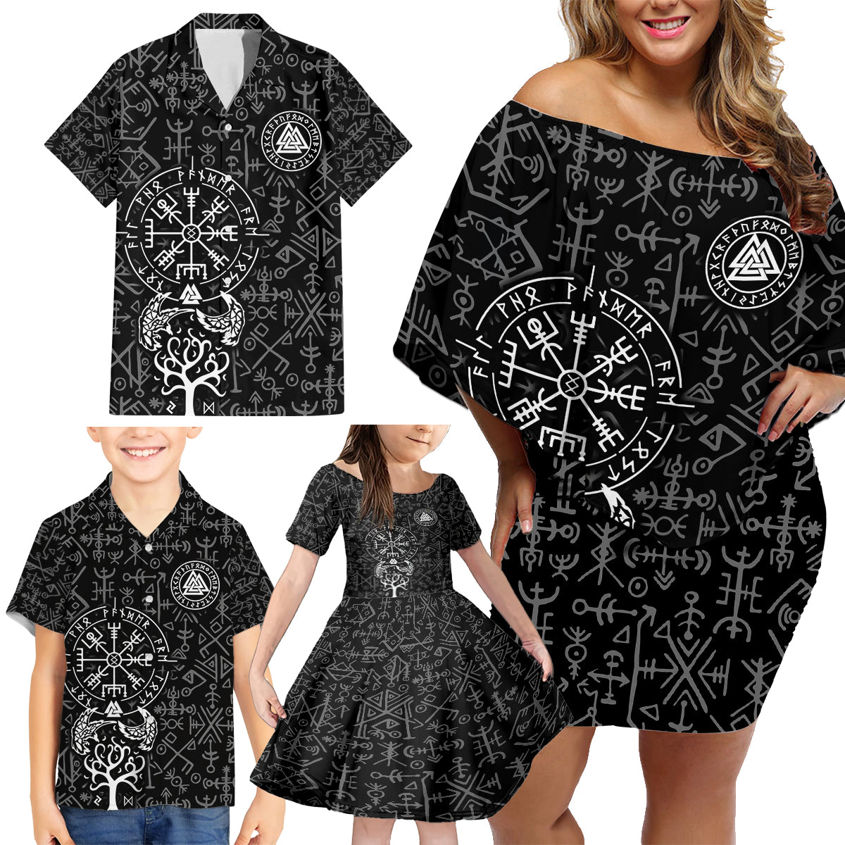 Viking Odin Family Matching Off Shoulder Short Dress and Hawaiian Shirt The All-Father God in Norse Mythology with Runes Pattern - Wonder Print Shop
