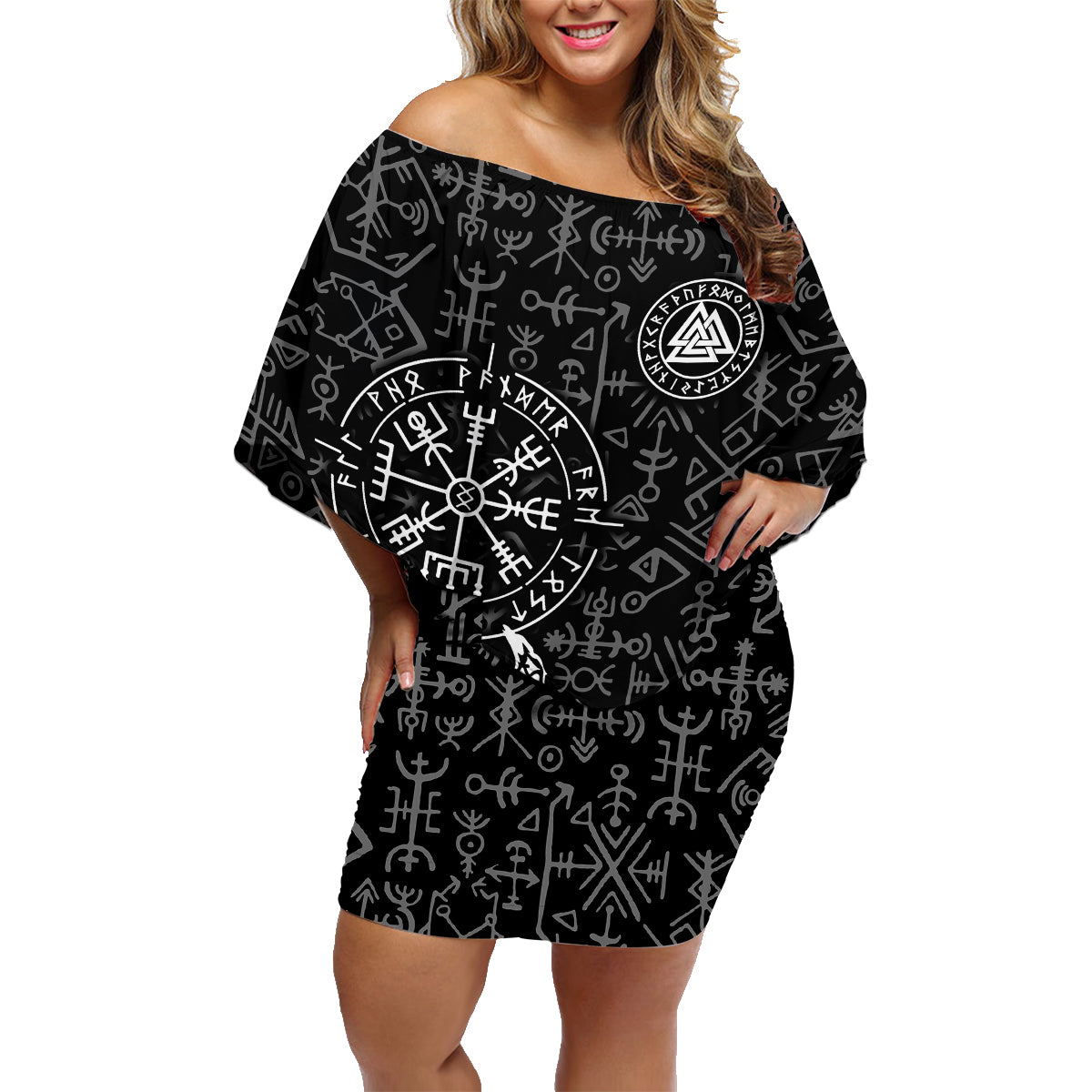Viking Odin Family Matching Off Shoulder Short Dress and Hawaiian Shirt The All-Father God in Norse Mythology with Runes Pattern - Wonder Print Shop