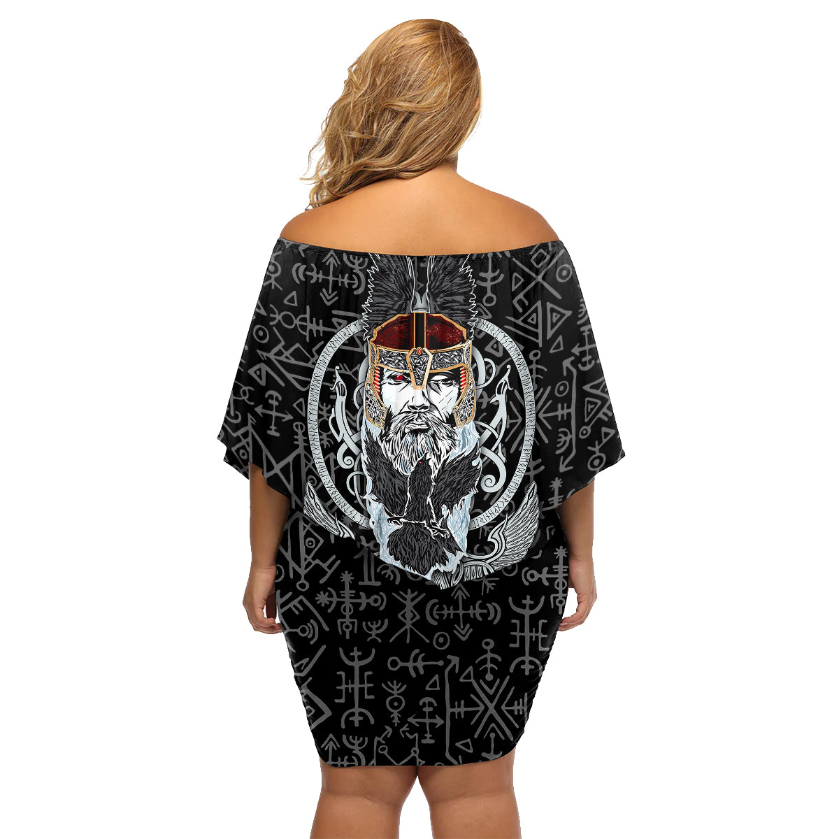 Viking Odin Family Matching Off Shoulder Short Dress and Hawaiian Shirt The All-Father God in Norse Mythology with Runes Pattern - Wonder Print Shop