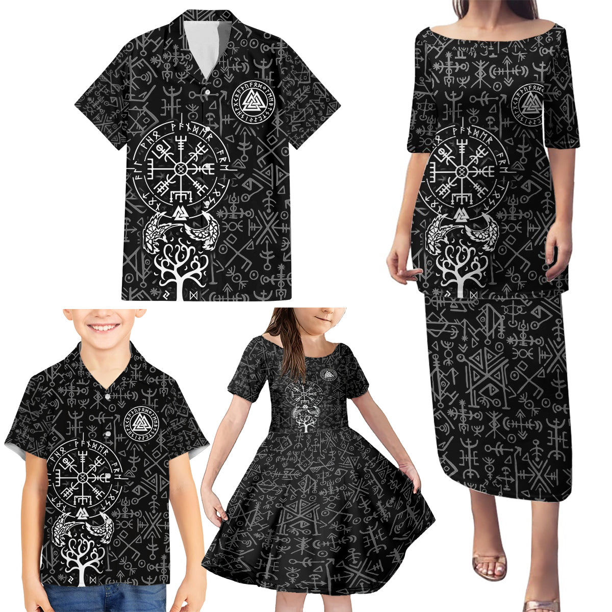 Viking Odin Family Matching Puletasi Dress and Hawaiian Shirt The All-Father God in Norse Mythology with Runes Pattern - Wonder Print Shop