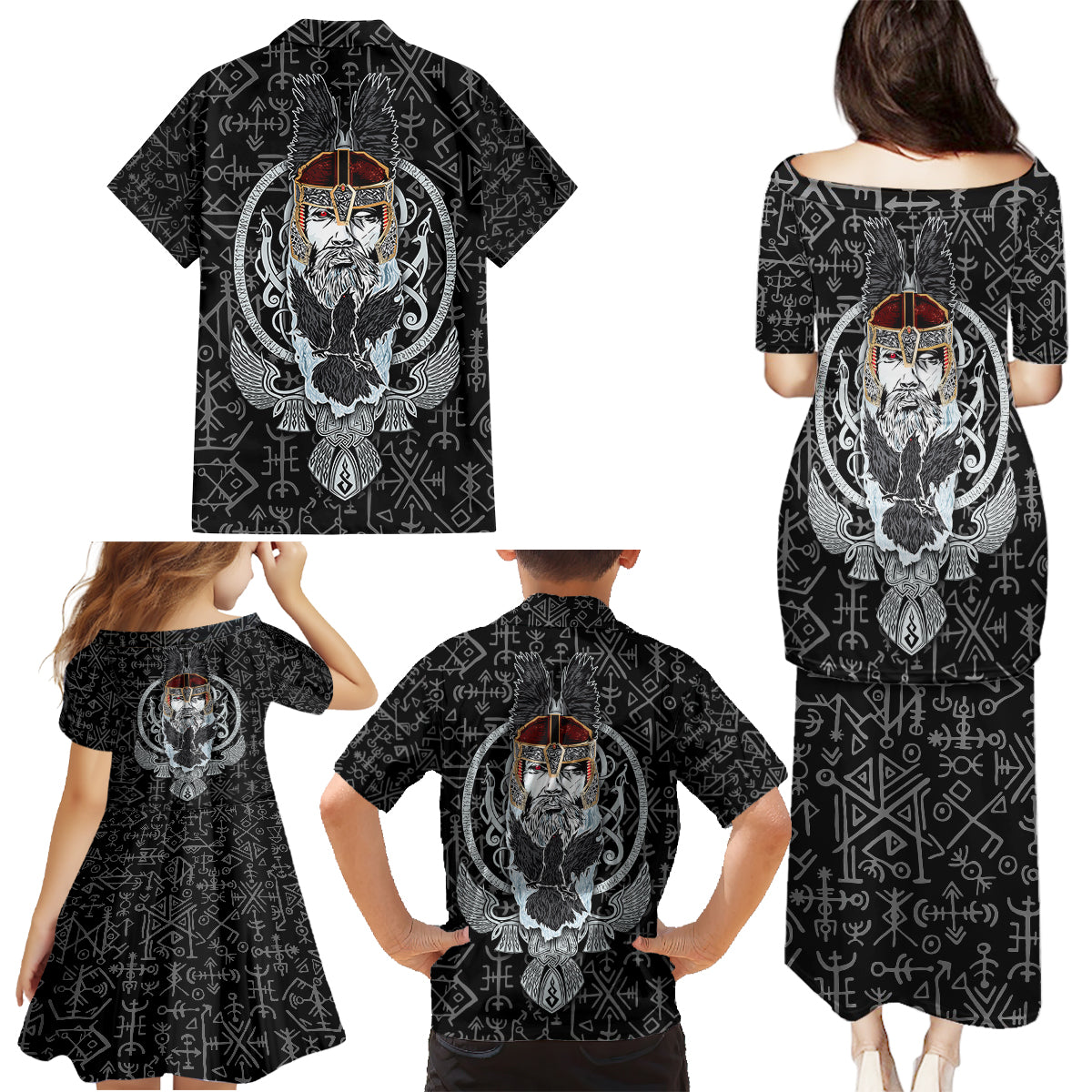 Viking Odin Family Matching Puletasi Dress and Hawaiian Shirt The All-Father God in Norse Mythology with Runes Pattern - Wonder Print Shop