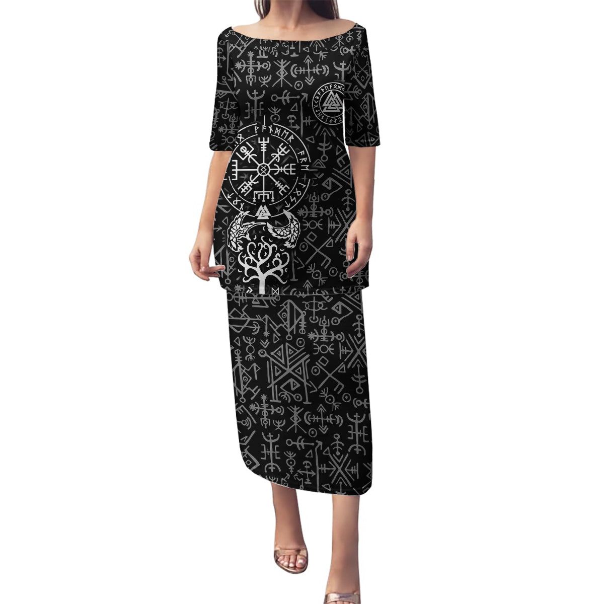 Viking Odin Family Matching Puletasi Dress and Hawaiian Shirt The All-Father God in Norse Mythology with Runes Pattern - Wonder Print Shop