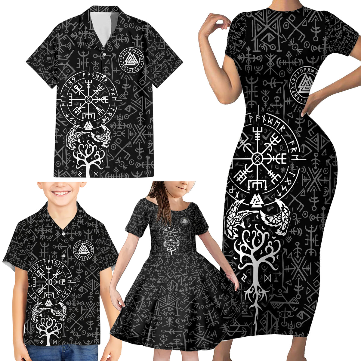 Viking Odin Family Matching Short Sleeve Bodycon Dress and Hawaiian Shirt The All-Father God in Norse Mythology with Runes Pattern - Wonder Print Shop