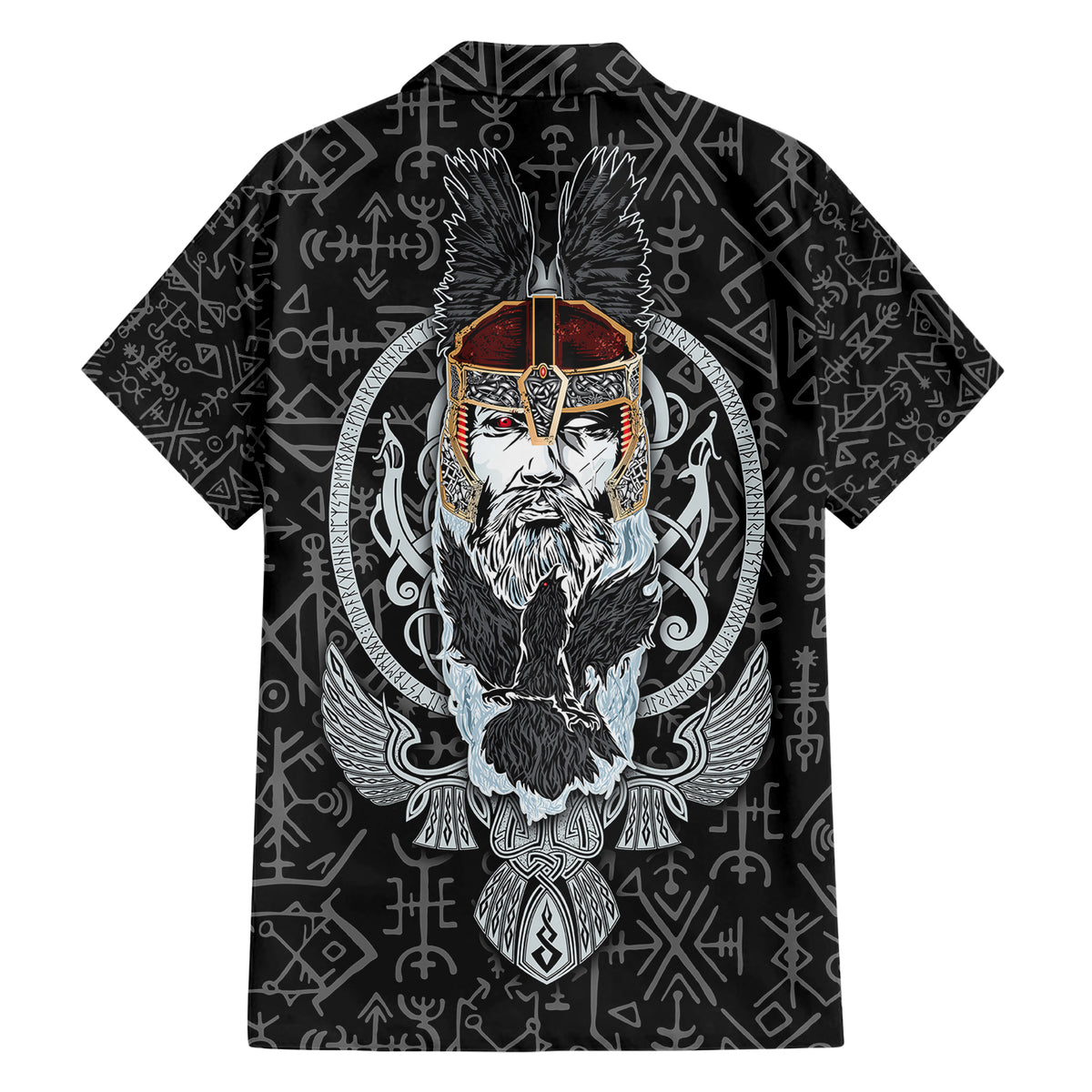 Viking Odin Family Matching Short Sleeve Bodycon Dress and Hawaiian Shirt The All-Father God in Norse Mythology with Runes Pattern - Wonder Print Shop