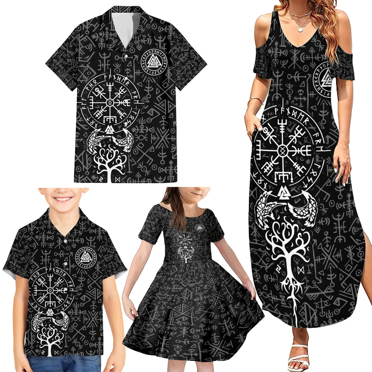 Viking Odin Family Matching Summer Maxi Dress and Hawaiian Shirt The All-Father God in Norse Mythology with Runes Pattern - Wonder Print Shop