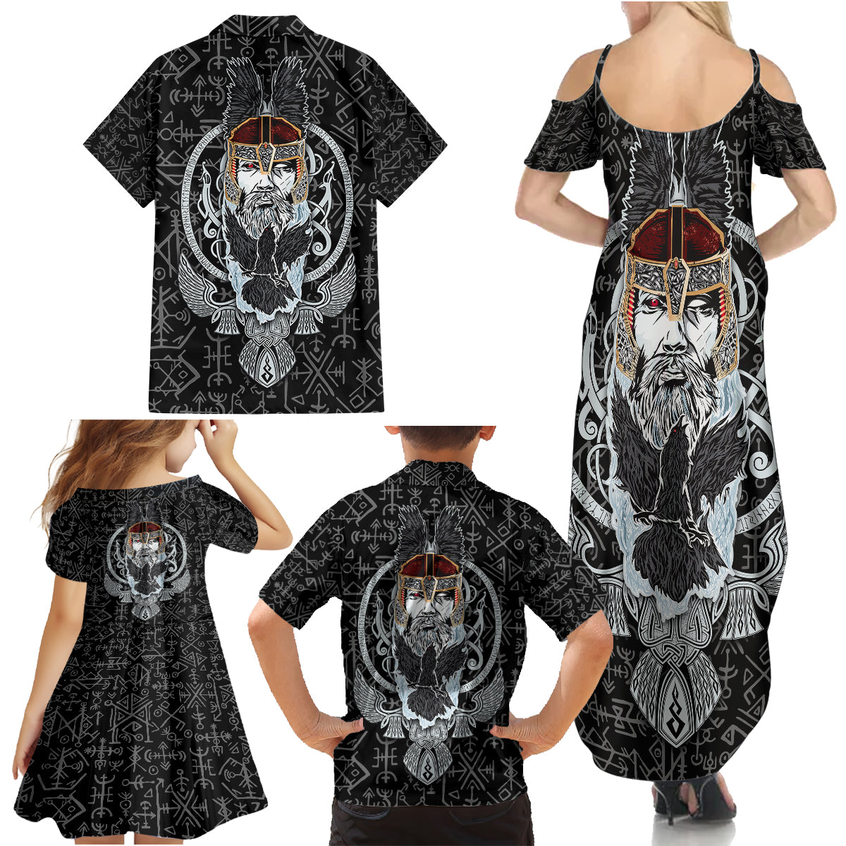 Viking Odin Family Matching Summer Maxi Dress and Hawaiian Shirt The All-Father God in Norse Mythology with Runes Pattern - Wonder Print Shop
