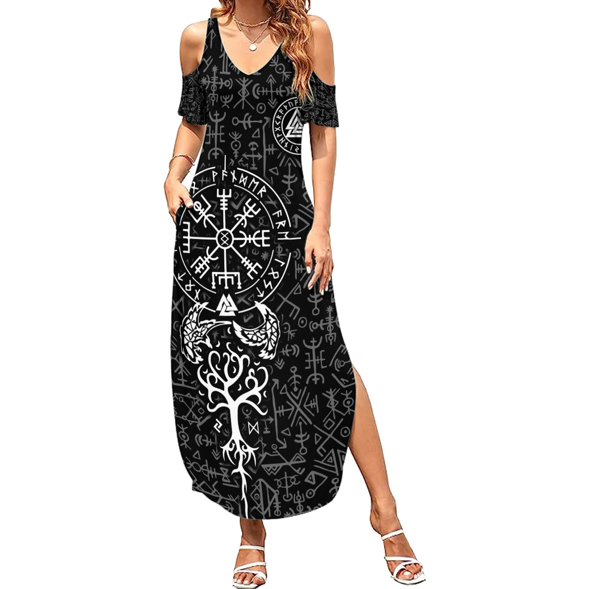 Viking Odin Family Matching Summer Maxi Dress and Hawaiian Shirt The All-Father God in Norse Mythology with Runes Pattern - Wonder Print Shop
