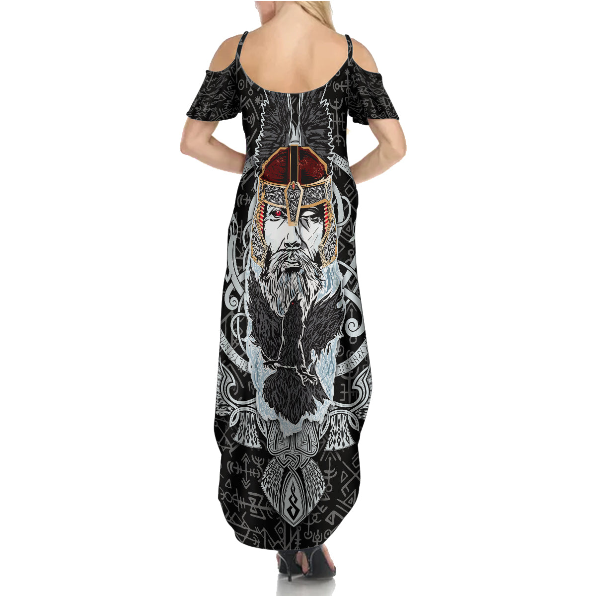 Viking Odin Family Matching Summer Maxi Dress and Hawaiian Shirt The All-Father God in Norse Mythology with Runes Pattern - Wonder Print Shop