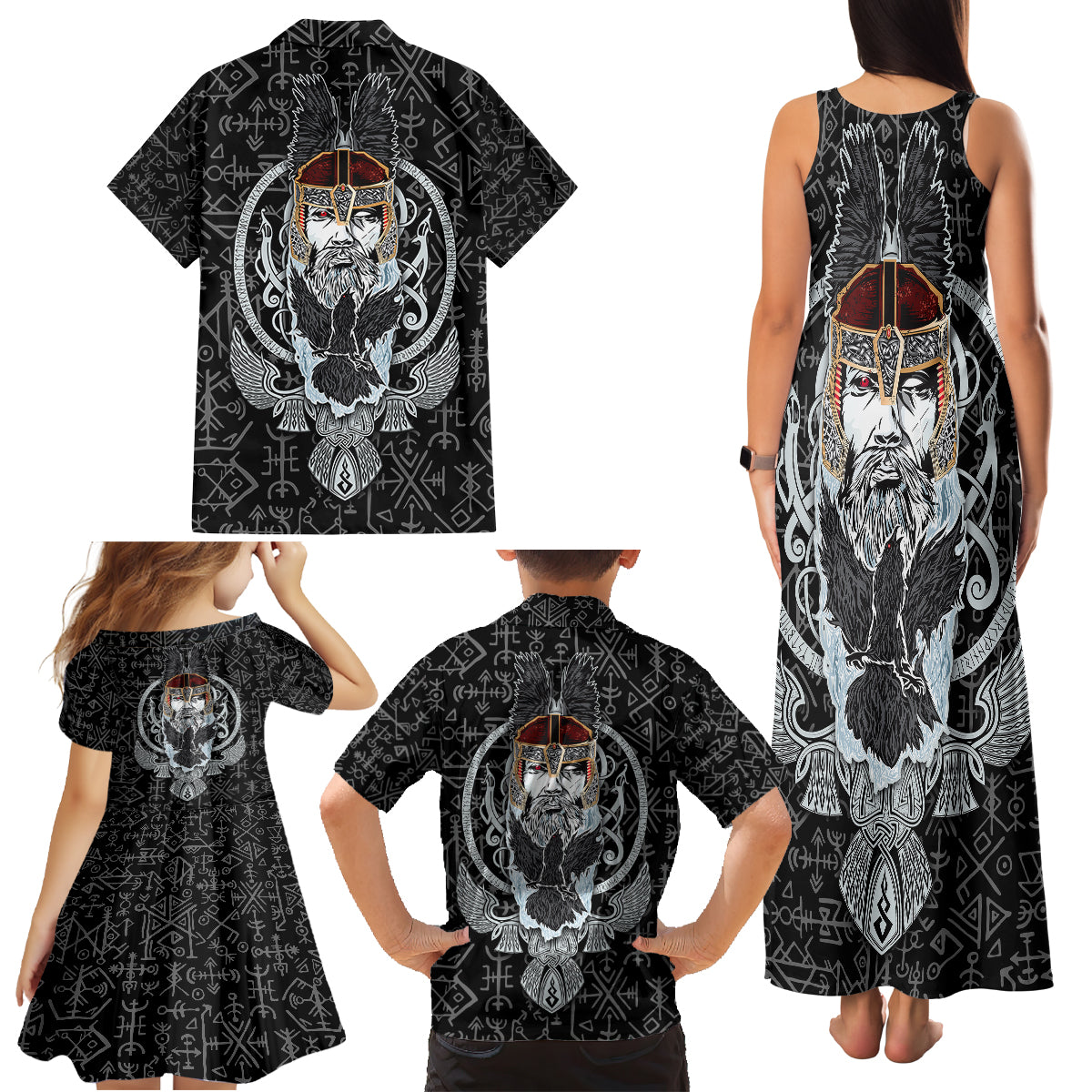 Viking Odin Family Matching Tank Maxi Dress and Hawaiian Shirt The All-Father God in Norse Mythology with Runes Pattern - Wonder Print Shop