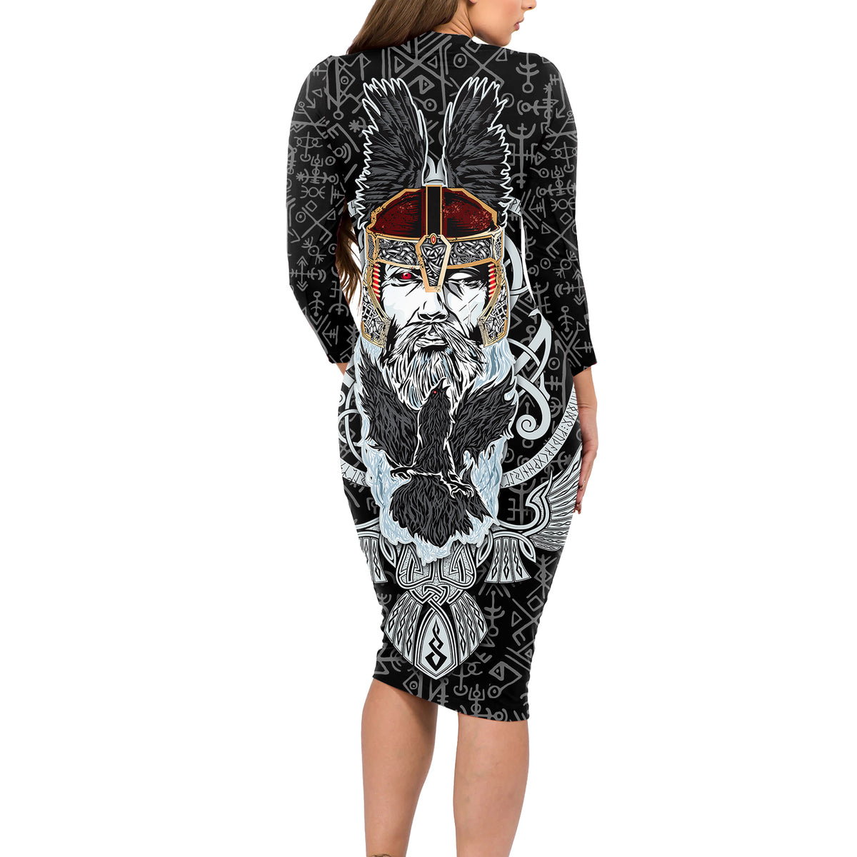 Viking Odin Long Sleeve Bodycon Dress The All-Father God in Norse Mythology with Runes Pattern - Wonder Print Shop