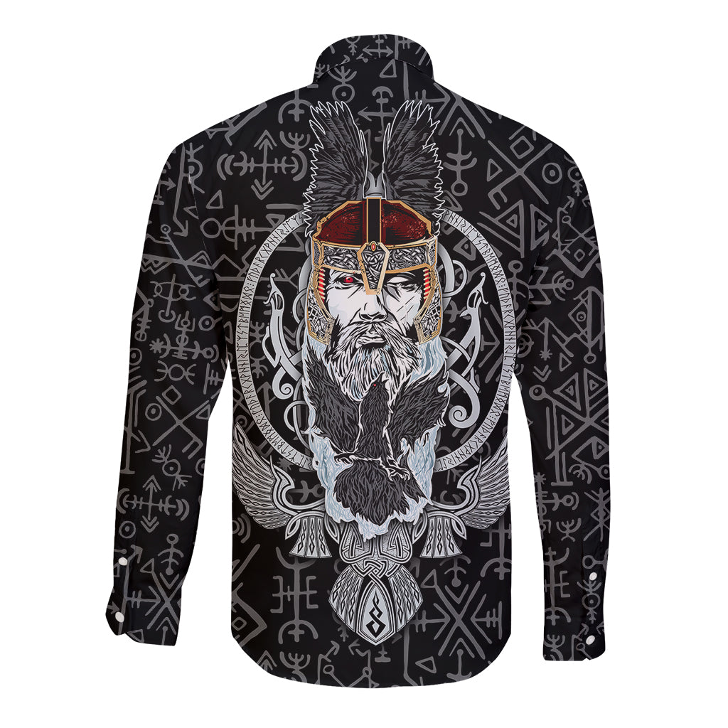 Viking Odin Long Sleeve Button Shirt The All-Father God in Norse Mythology with Runes Pattern - Wonder Print Shop