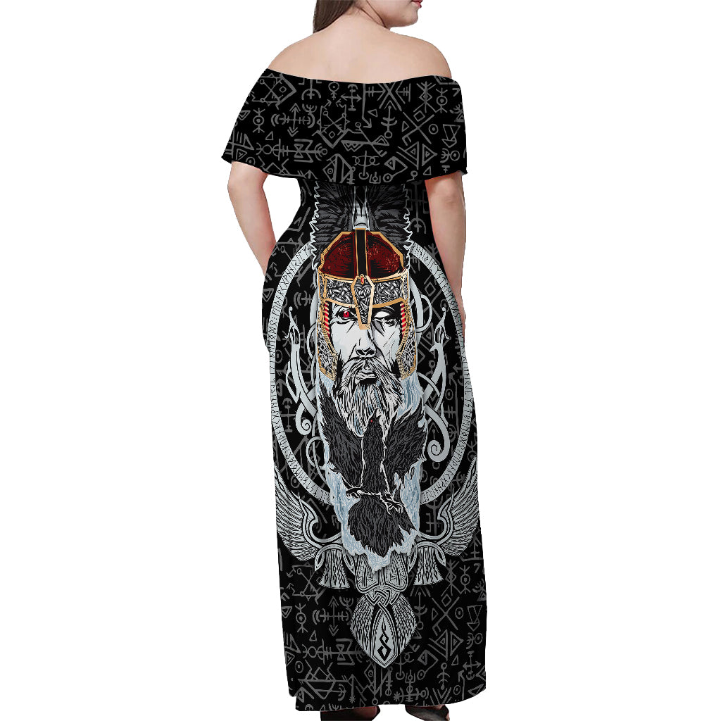 Viking Odin Off Shoulder Maxi Dress The All-Father God in Norse Mythology with Runes Pattern - Wonder Print Shop