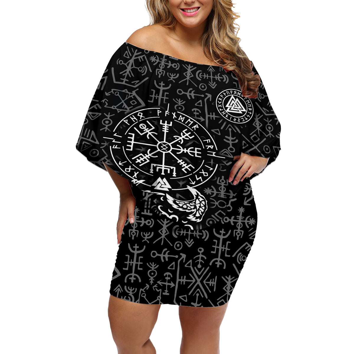 Viking Odin Off Shoulder Short Dress The All-Father God in Norse Mythology with Runes Pattern - Wonder Print Shop