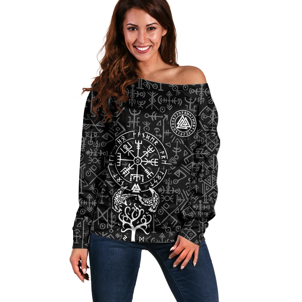 Viking Odin Off Shoulder Sweater The All-Father God in Norse Mythology with Runes Pattern - Wonder Print Shop