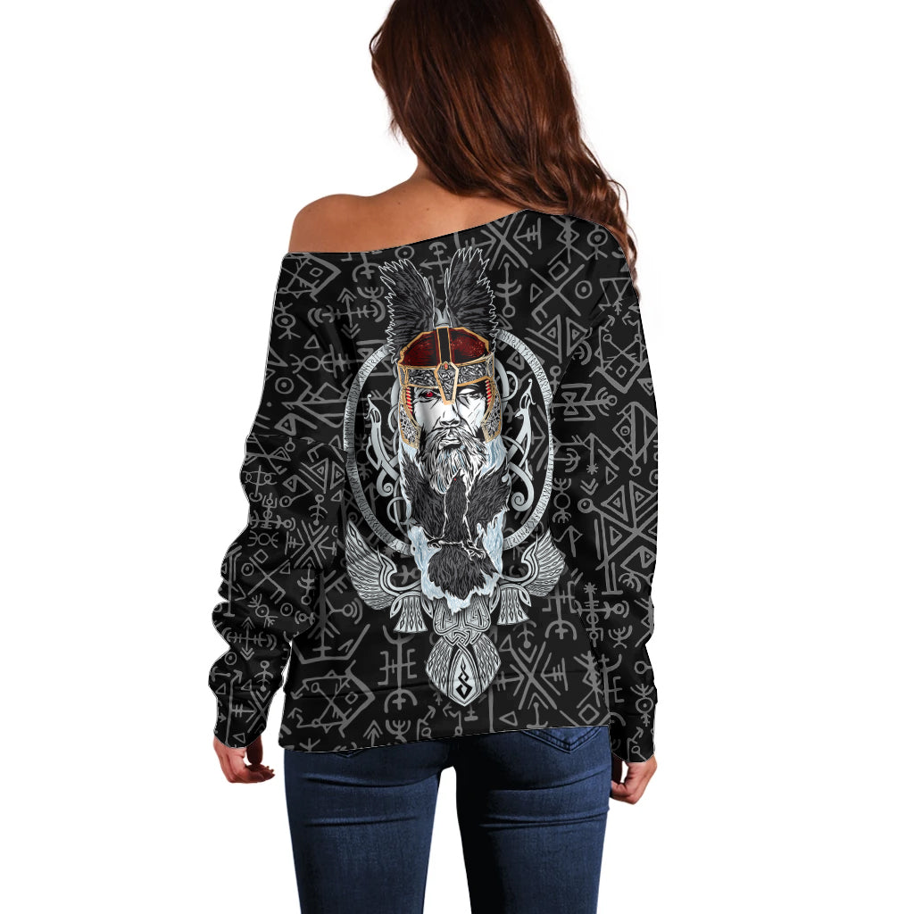 Viking Odin Off Shoulder Sweater The All-Father God in Norse Mythology with Runes Pattern - Wonder Print Shop